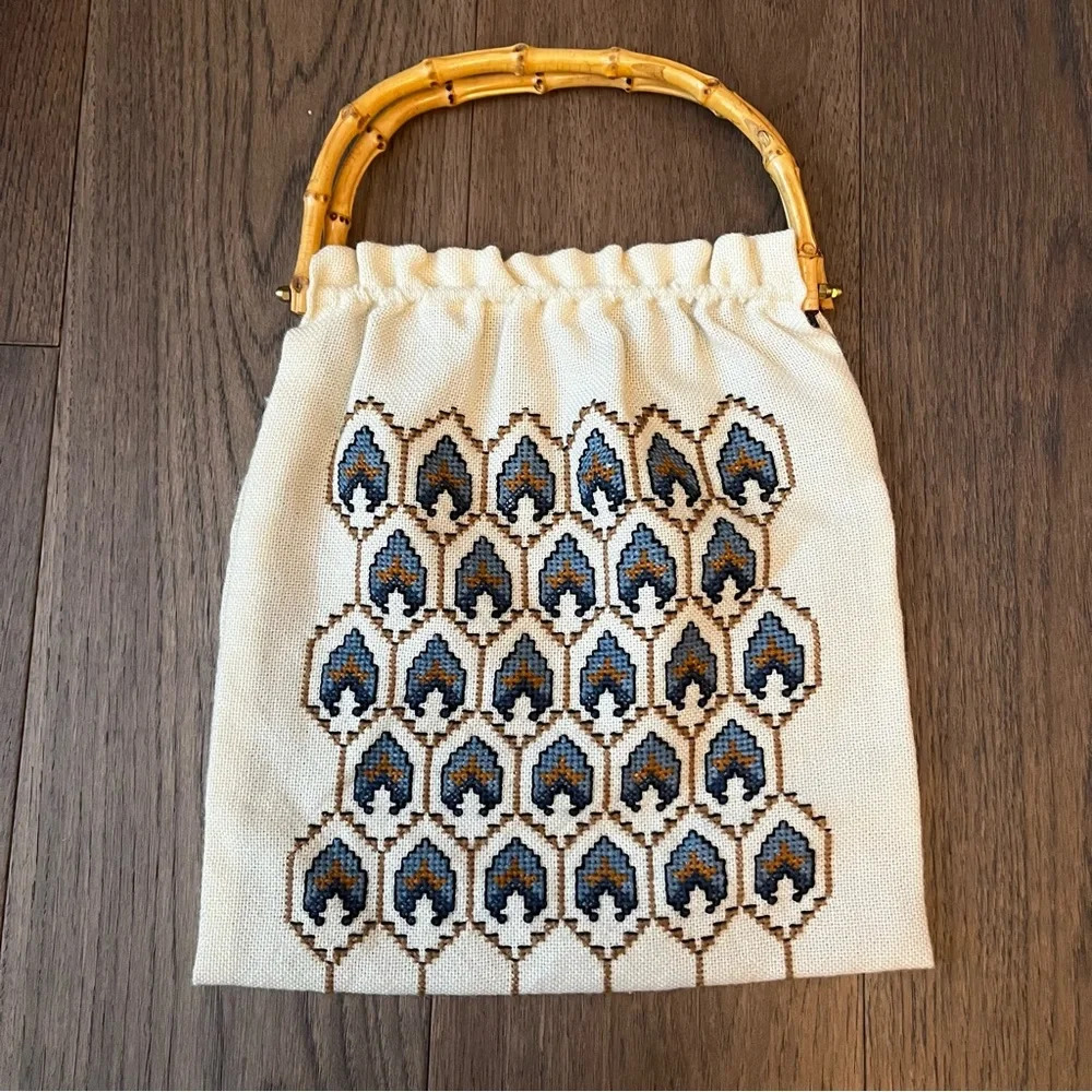 Vintage MCM bamboo handle boho embroidered needlepoint purse bag